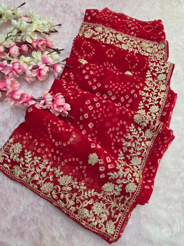 967001 Rajasthani Traditional Georgette Bandhani Saree with Pitta Work - Red