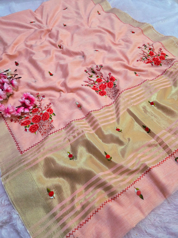 907003 Pure Linen Saree with Hand Katha Embroidery Work