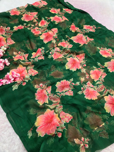 991005 Lightweight Elegant Semi Chiffon Flower Print Saree with Zari Print - Green