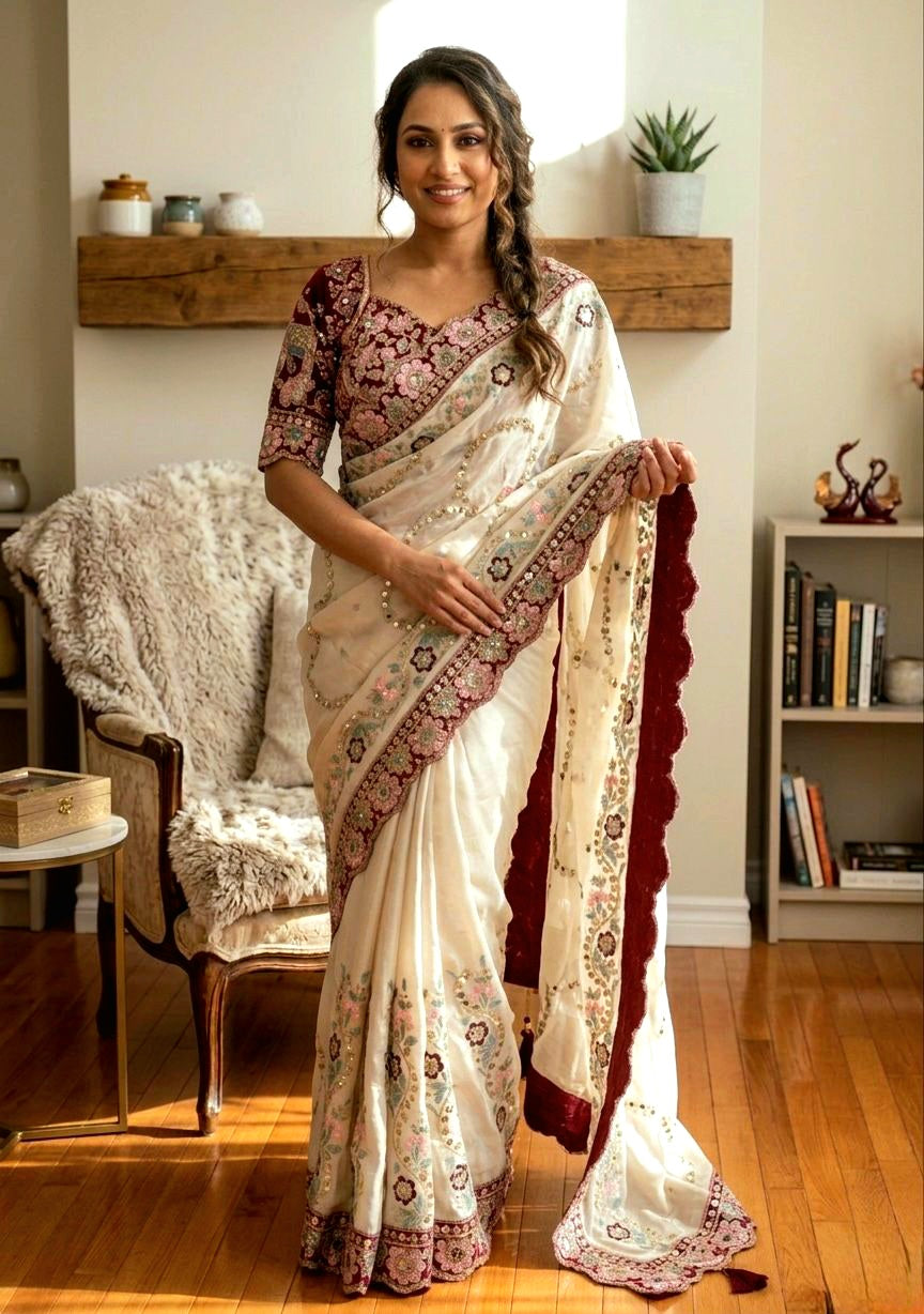 Crepe Silk Cream Saree with Heavy Stitched Blouse