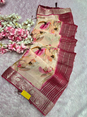 CA0991 Chitra Exclusive Pure Chinon Silk Flower Printed Saree With Zari Border