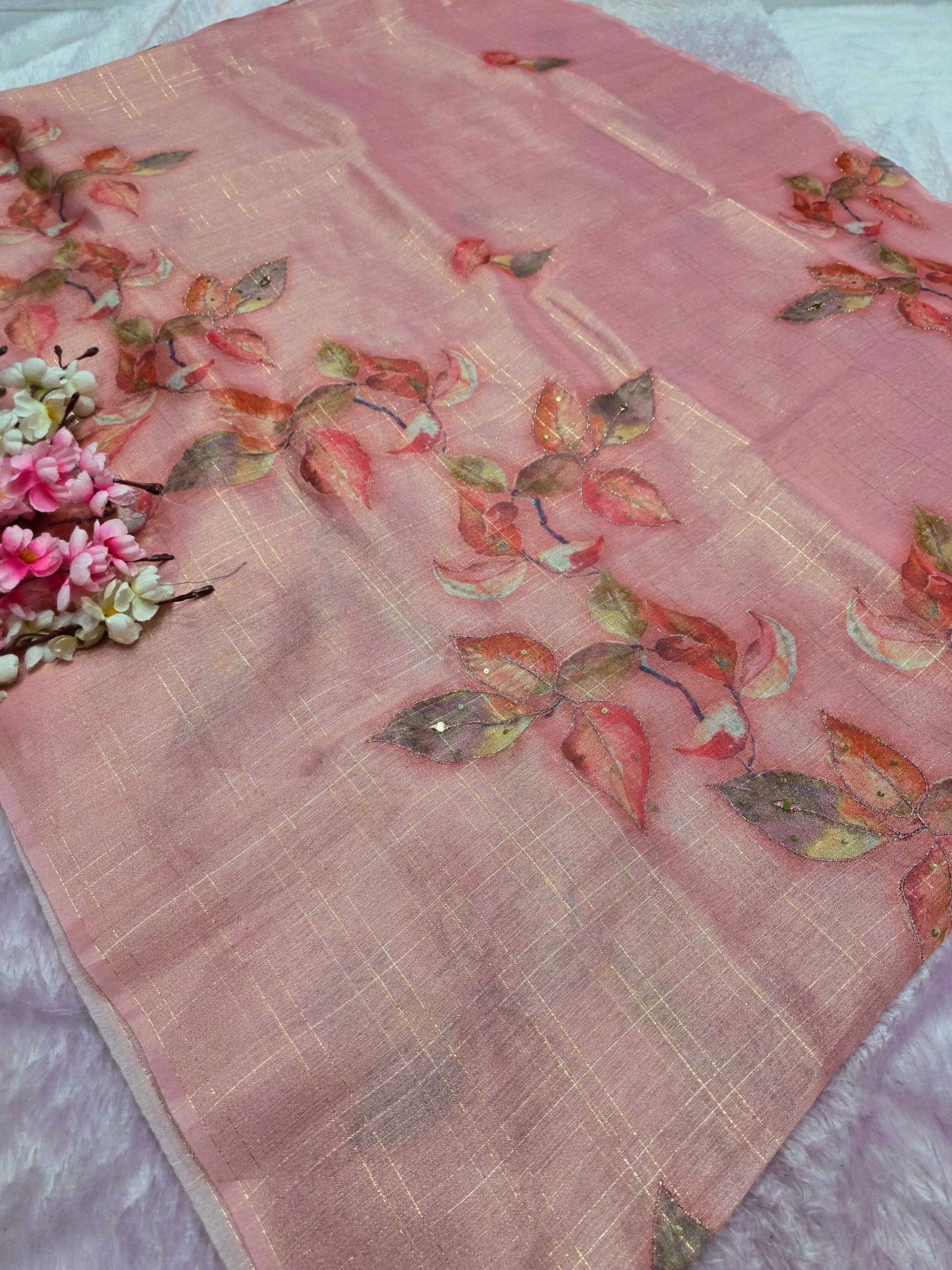 101701 Designer Tissue jute Silk Saree with Rajasthani Hand Aari Tari Work