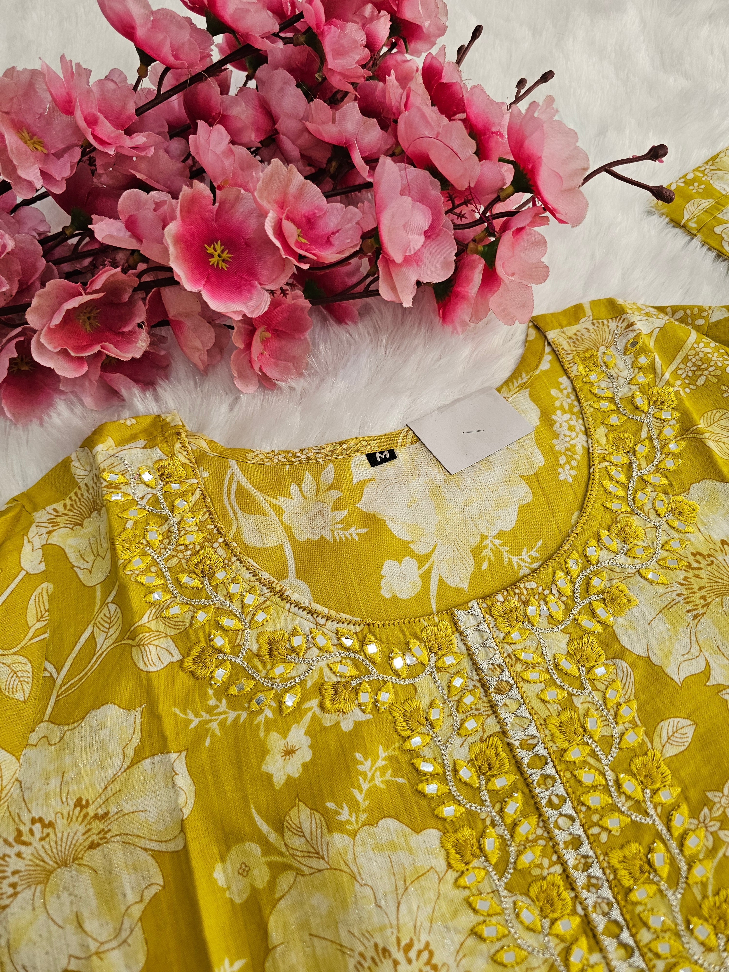 767004 Yellow Color Embroidered Pure Cotton Flower Printed Straight Kurti With Pant & Dupatta