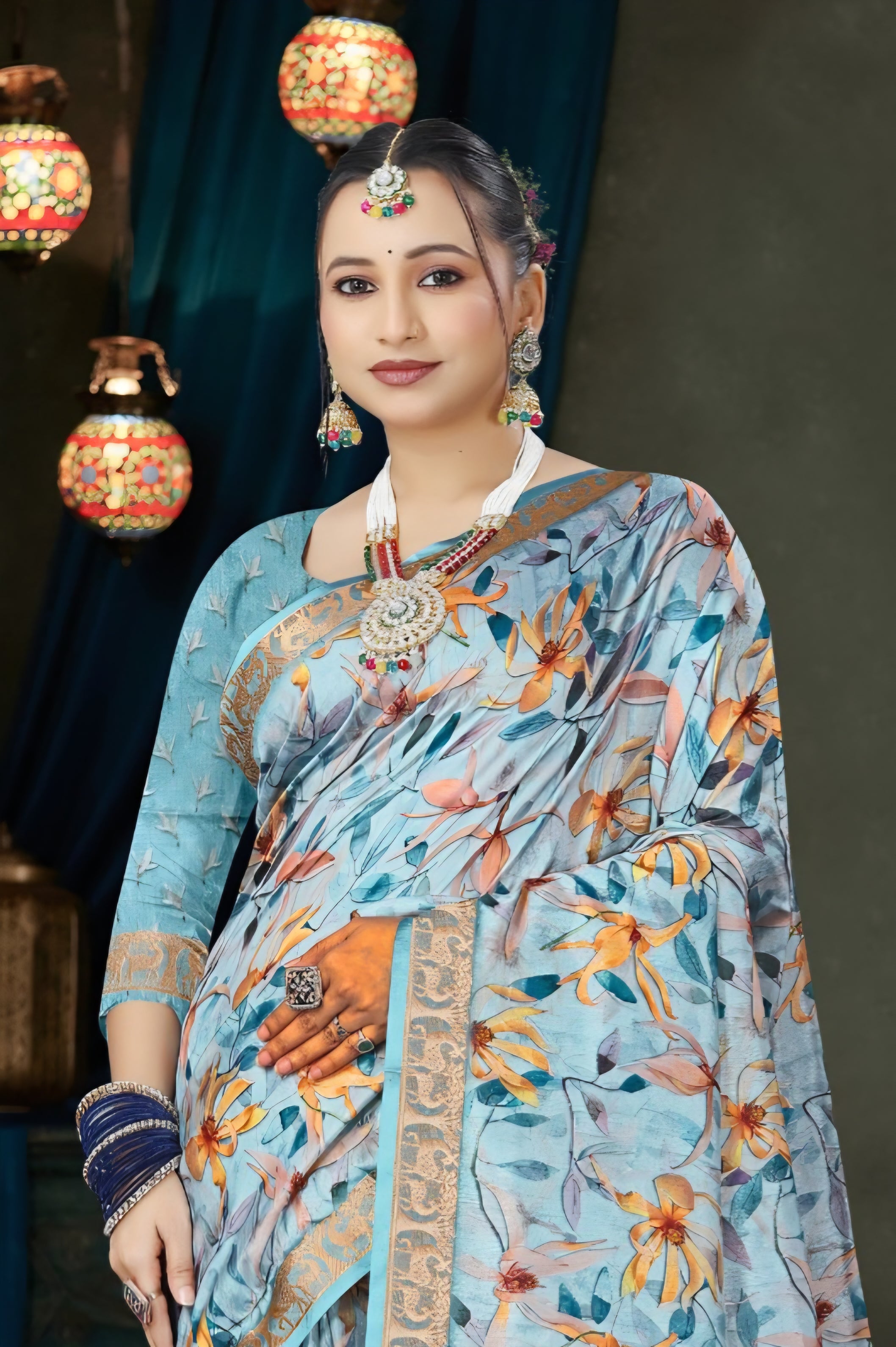 982010 Bollywood Style Soft Crepe Silk Flower Print Saree with Zari Weaving Border