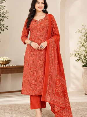 2084 Pure Cotton Straight Bandhani Print Cotton Kurti Set With Pant and Dupatta - Rust