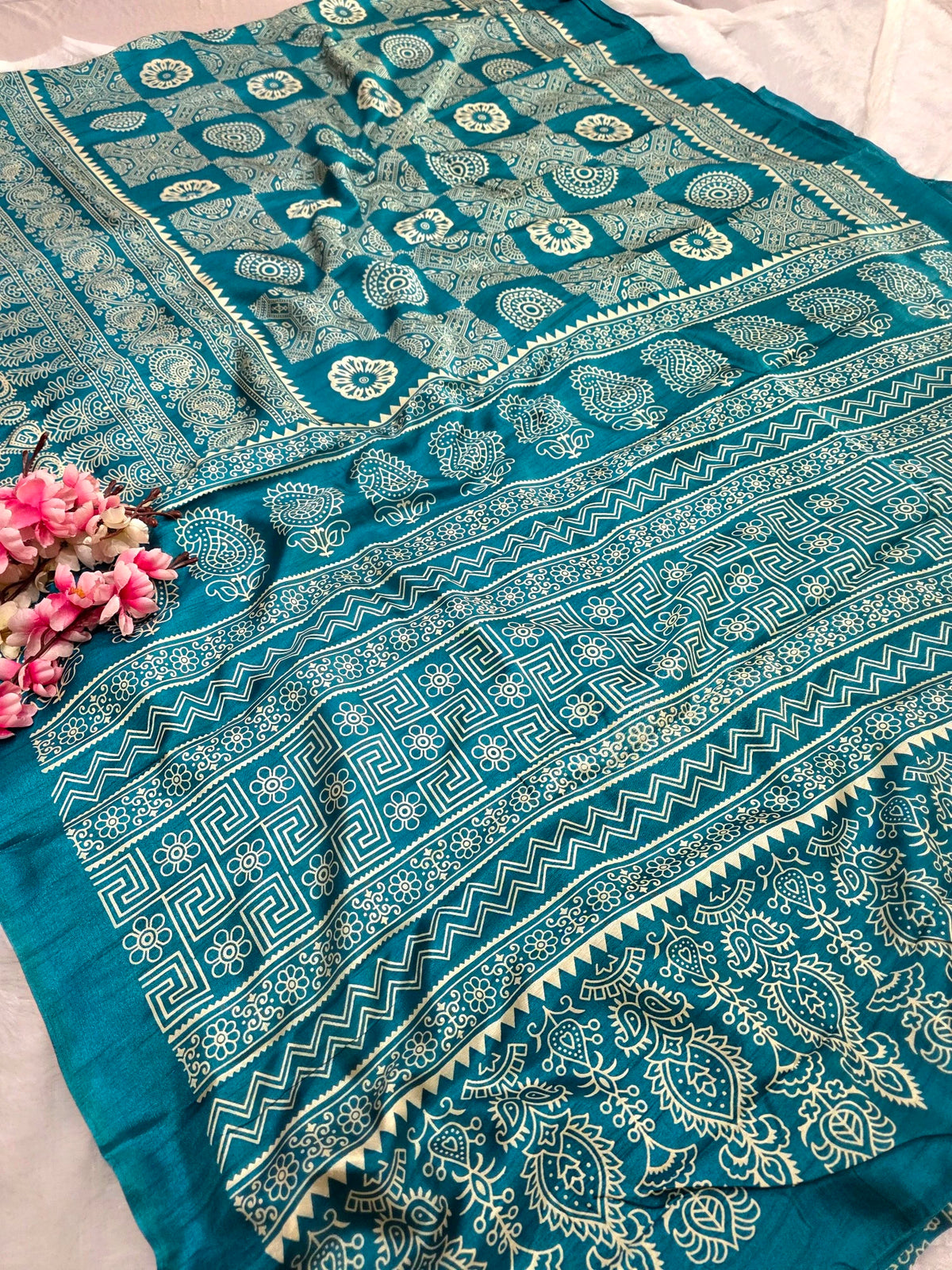 DS287 Semi Dola Silk Block Print Saree - Teal