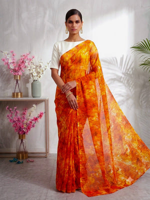 CA1019 Lightweight Elegant Semi Chiffon Flower Print Saree - Orange