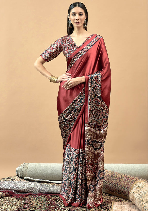 727001 Trending Ajrakh Print Semi Modal Silk Saree