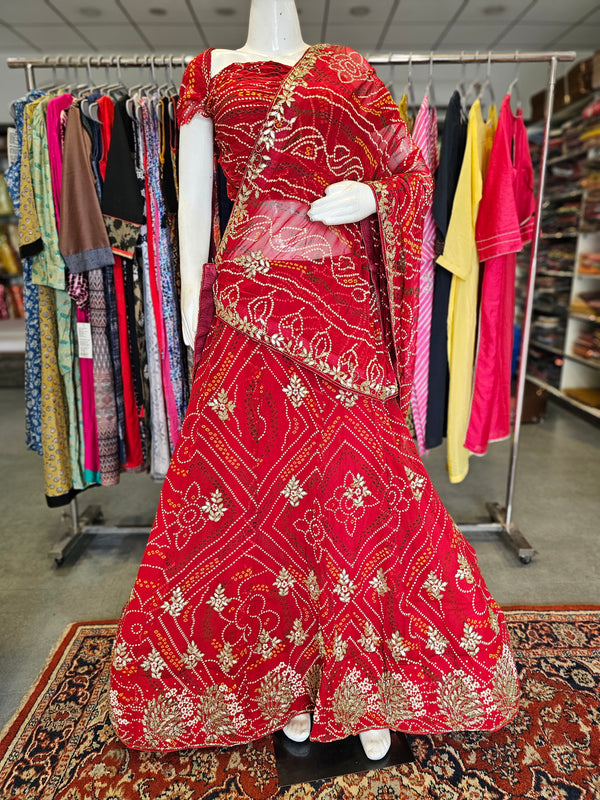 512006 भारी हस्तनिर्मित राजस्थानी बंधनी जॉर्जेट लहंगा 