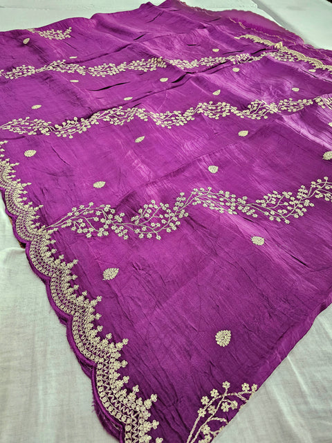 Designer Zari Embroidery Pure Dola Silk Saree With Beautiful Cutwork - Purple