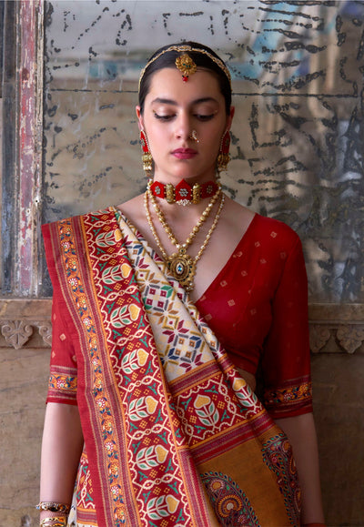 100706 Premium Patola Print Silk Saree With Gold Print - Cream