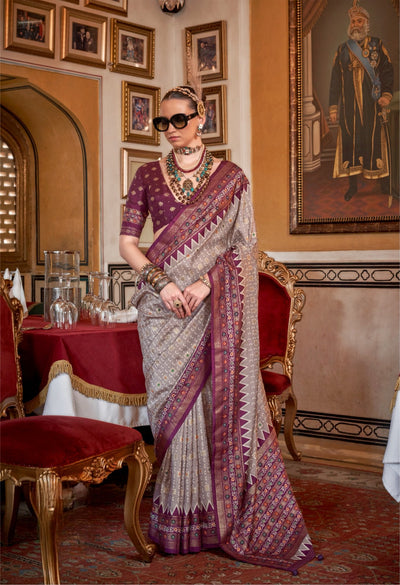 100705 Premium Patola Print Silk Saree With Gold Print - Wine Gray