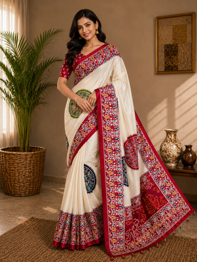 CA0768 Trending Mirror Work Ajrakh Patola Print Semi Modal Silk Saree - Red