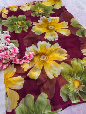 103904 Lightweight Elegant Semi Chiffon Flower Print Saree - Wine