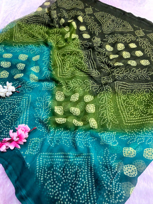 CA1480 Lightweight Elegant Semi Chiffon Bandhani Print Saree - Green