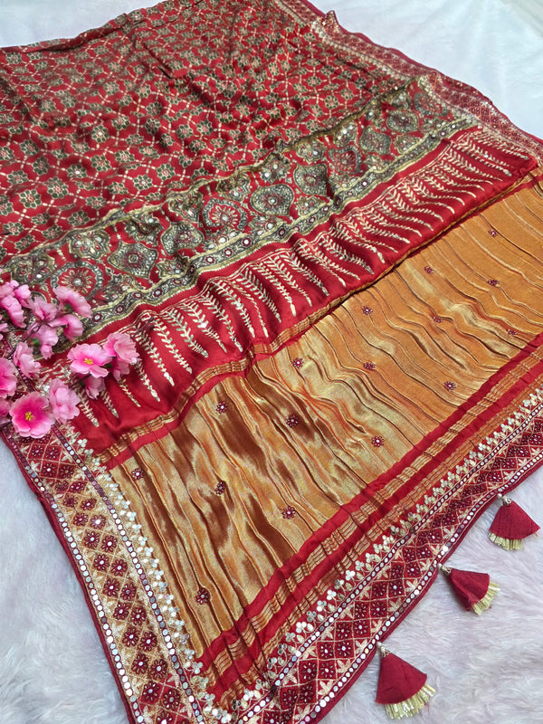 9738 Traditional Pure Modal Silk Ajrakh Saree with Hand Aari Tari Work