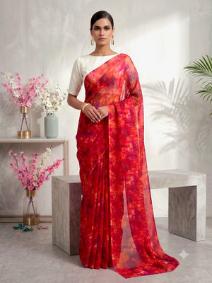 CA1019 Lightweight Elegant Semi Chiffon Flower Print Saree - Red