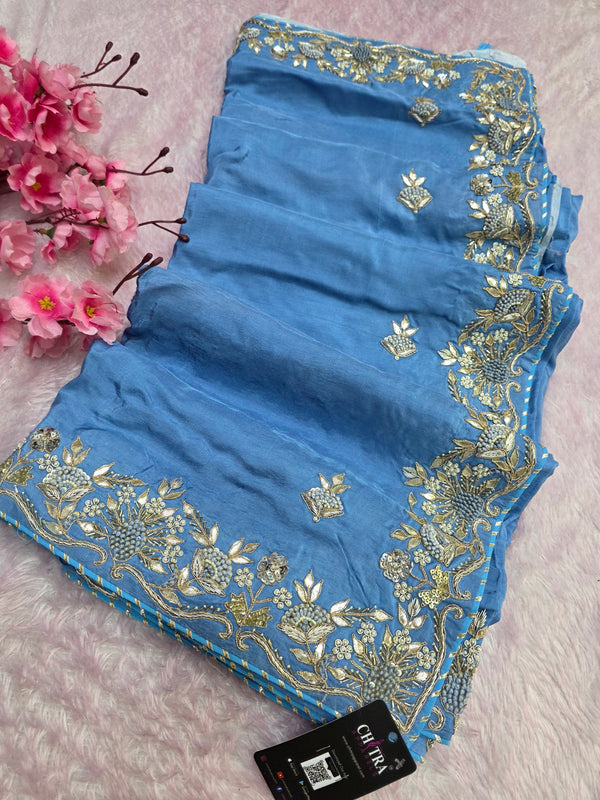 9647 Traditional Stylish Crepe Silk Saree with Hand Gotawork & Zardosi Work