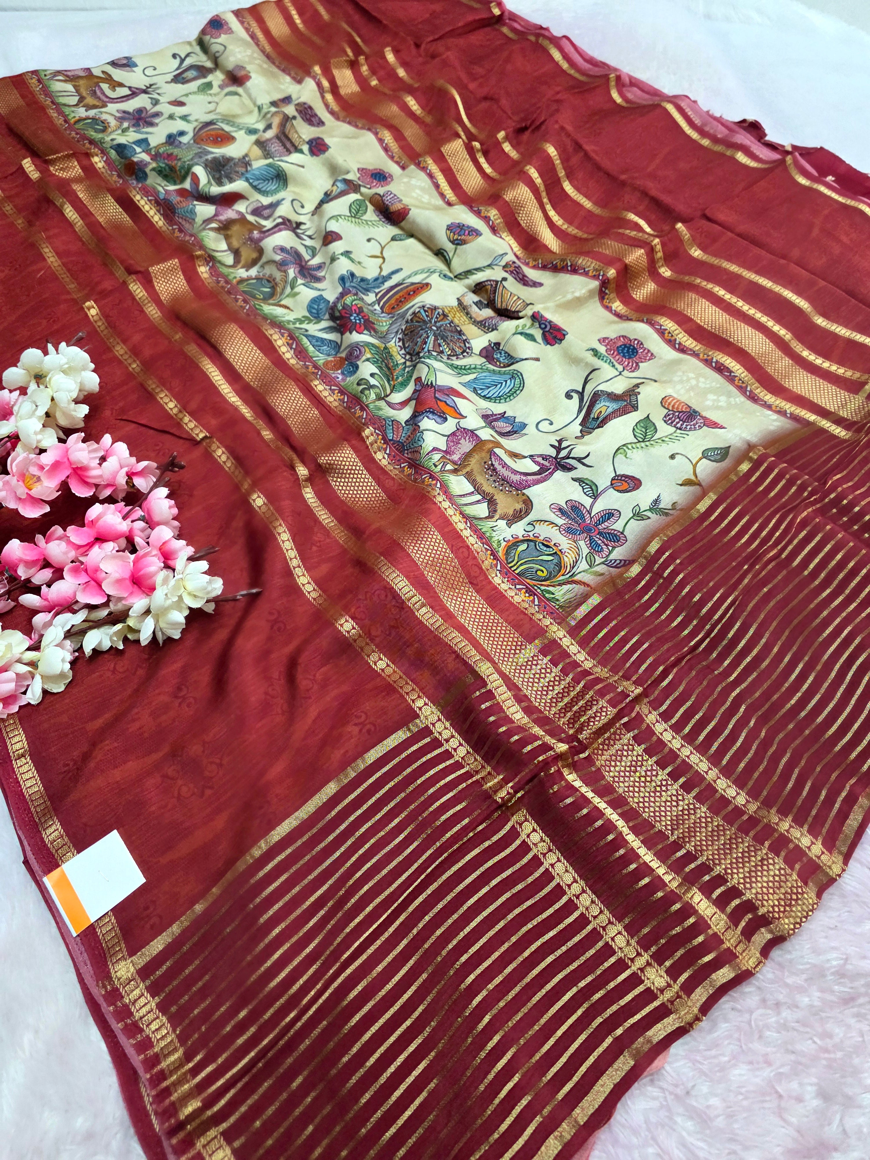 शुद्ध टसर सिल्क हाथ से बनी लेहरिया साड़ी प्रीमियम गोटापट्टी वर्क के साथ - 8837
