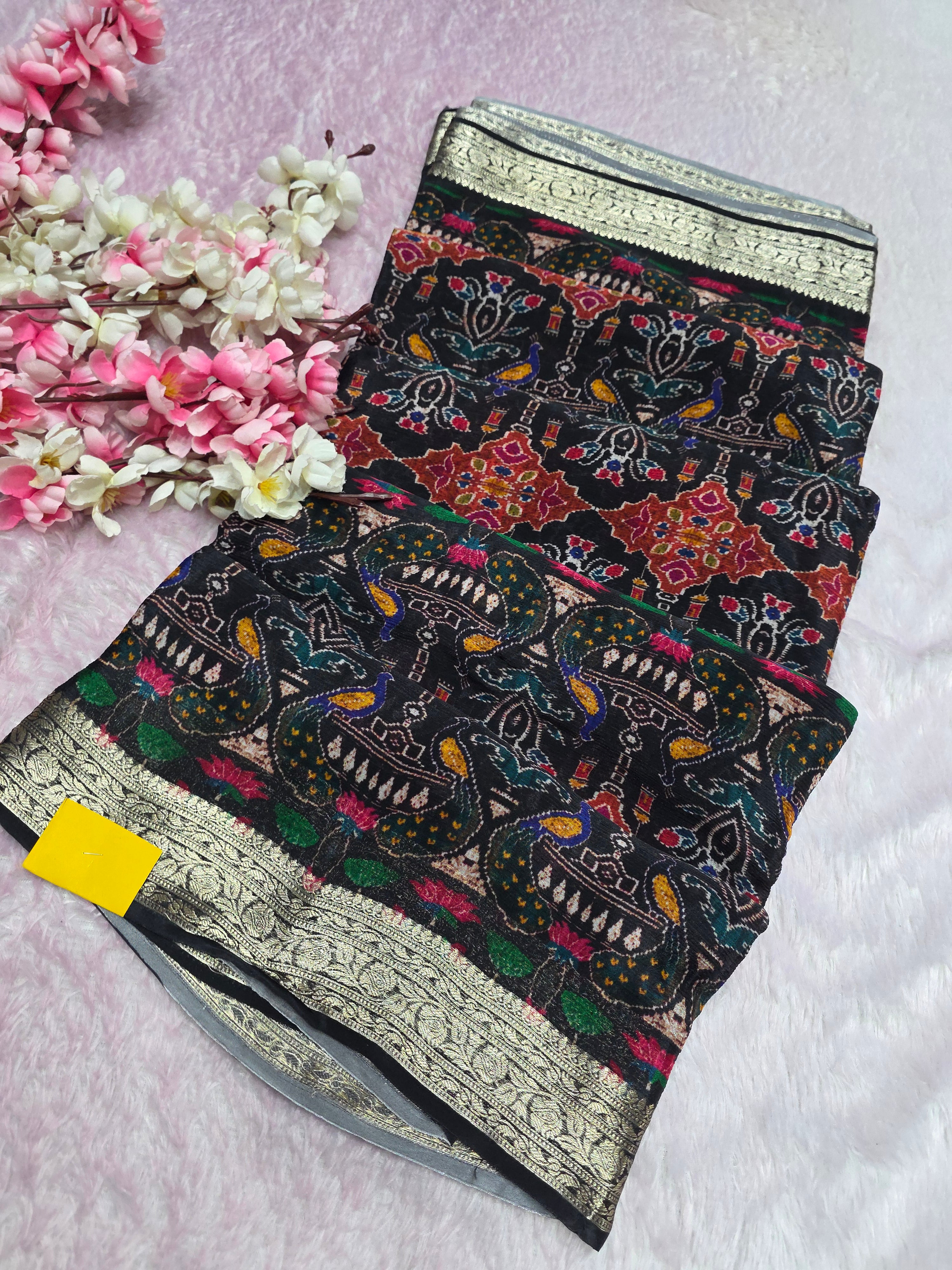 CA0708 pure chinon silk peacok print black saree
