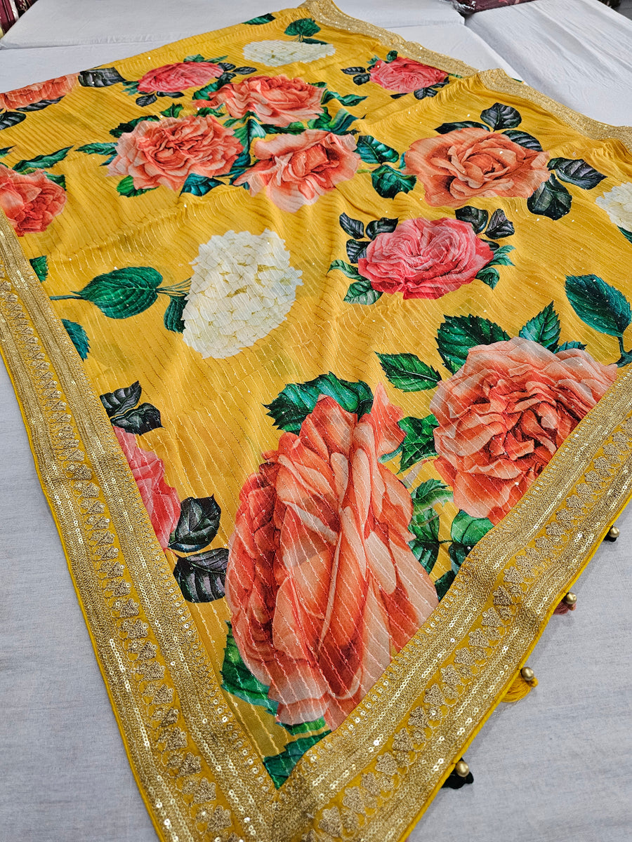 Designer Pure Georgette Flower Print Heavy Work Saree– Chitra Apparels