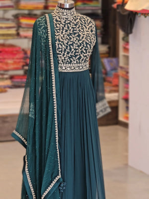 8459 Pure Georgette Royal Green Gown with Pure Chiffon Dupatta