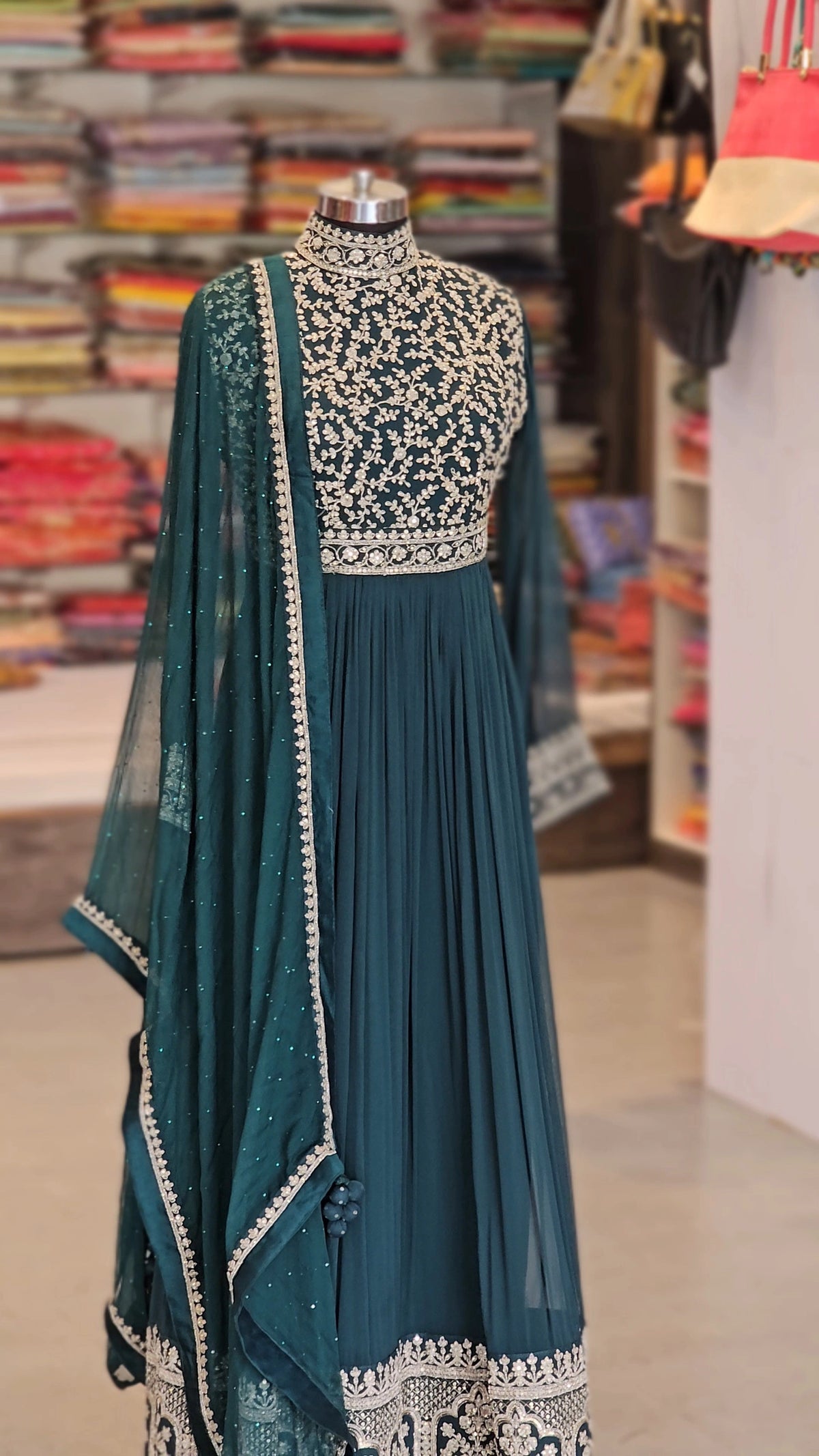 8459 Pure Georgette Royal Green Gown with Pure Chiffon Dupatta