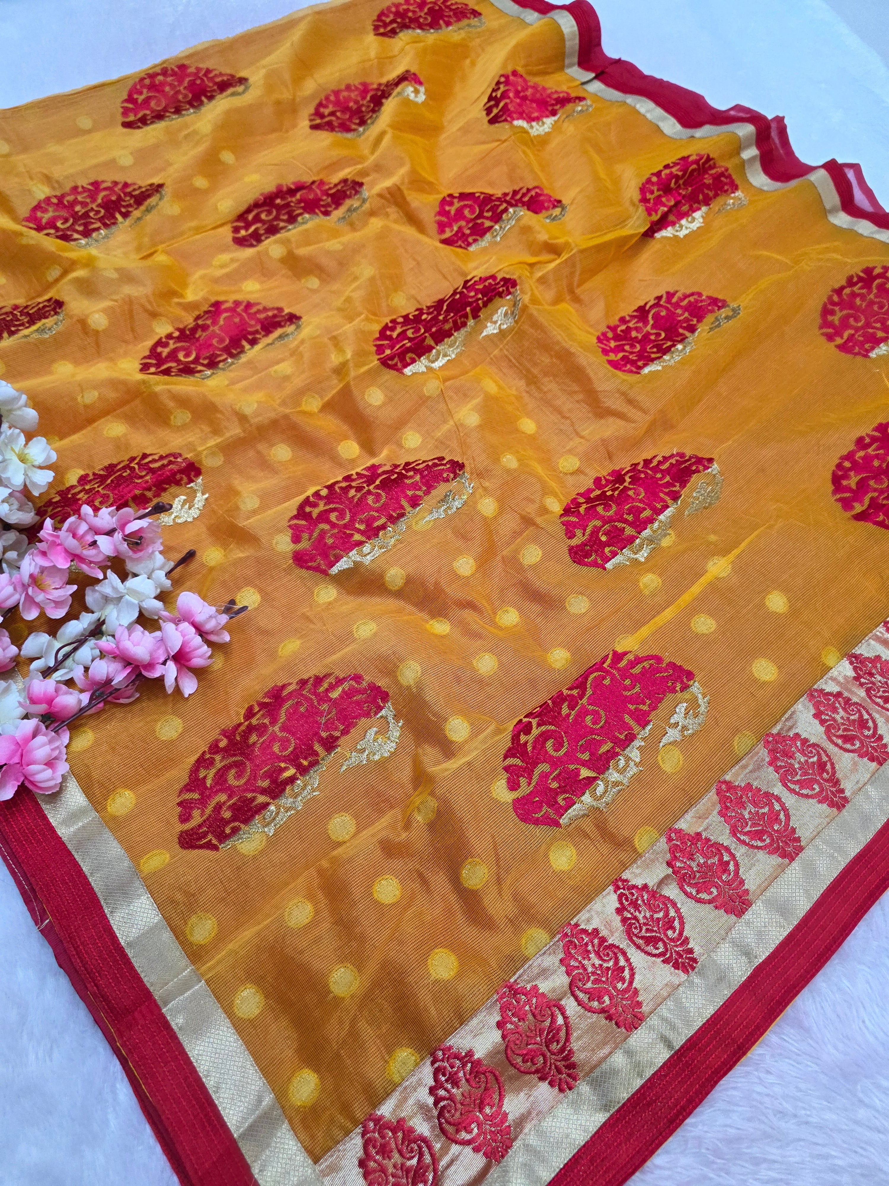 857003 Designer Supernet Orange Red Half Half Saree with Embroidery