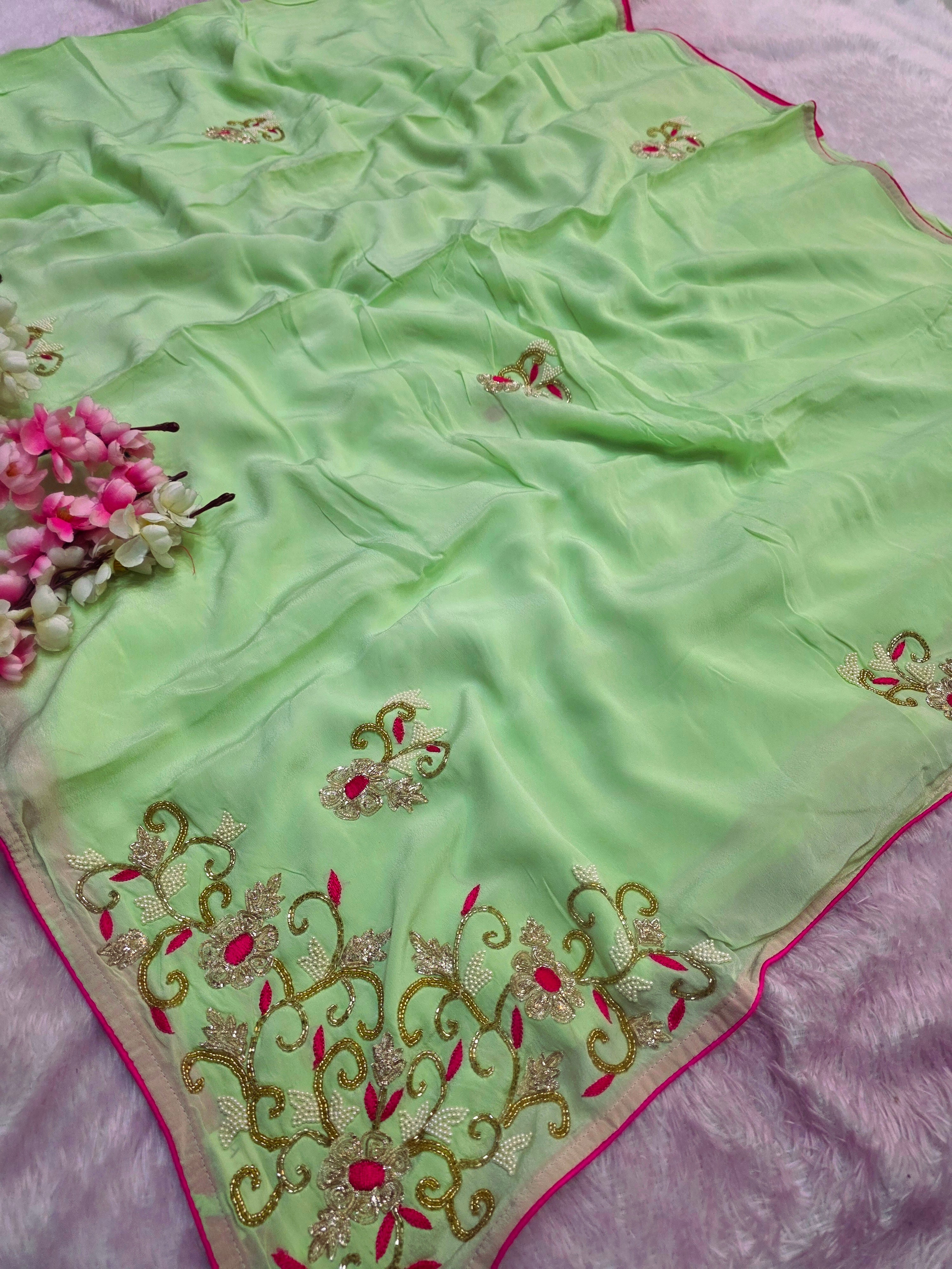 976003 Pure Chinon Silk Hand Work party Wear Saree