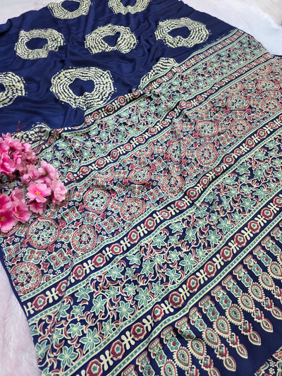 939002 Traditional Ajrakh Print with Shibori Satin Silk Saree - Blue