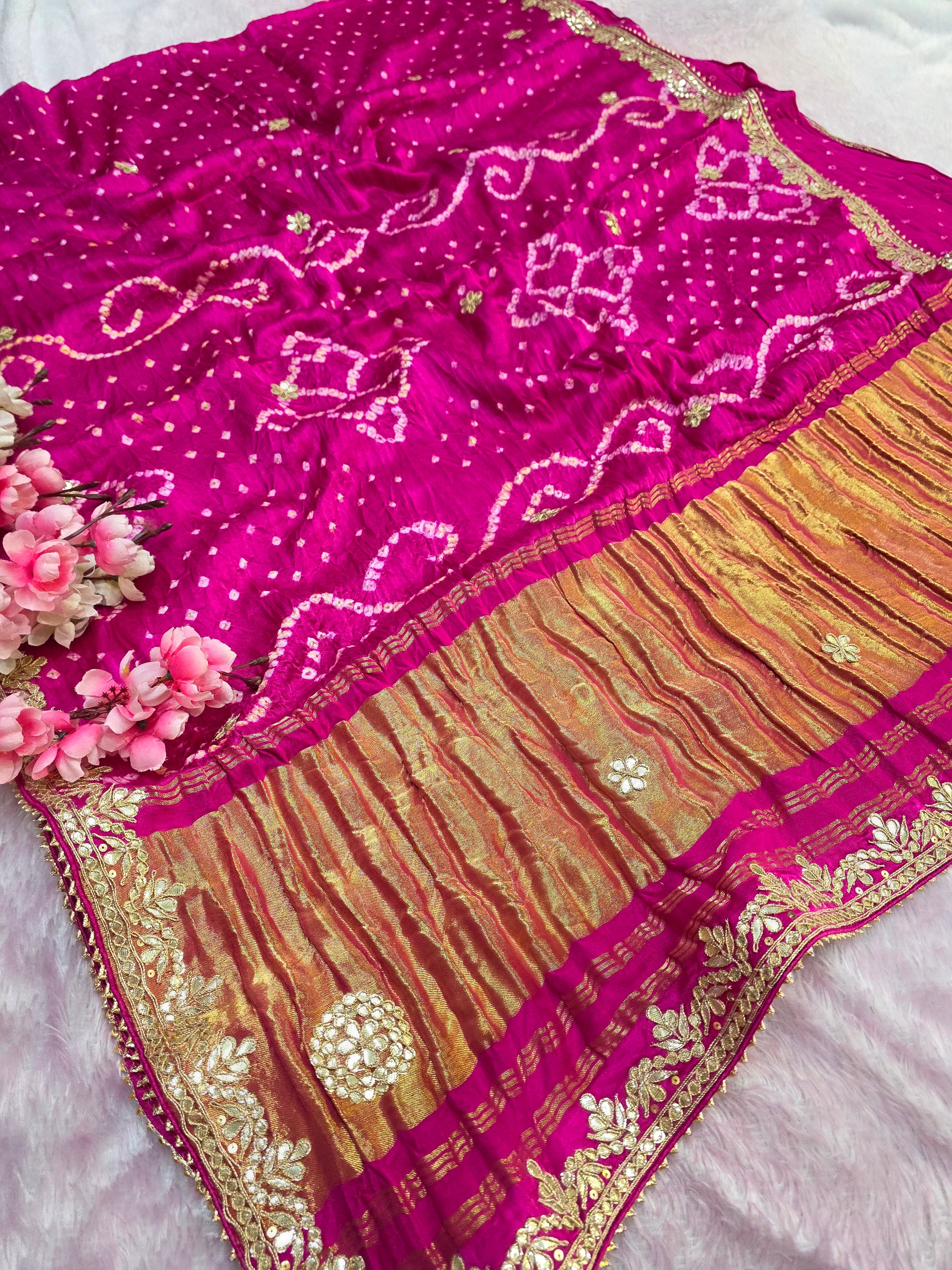 2445 Traditional Rajasthani Rani Bandhani Gajji Silk Saree with Hand Gota Patti Work