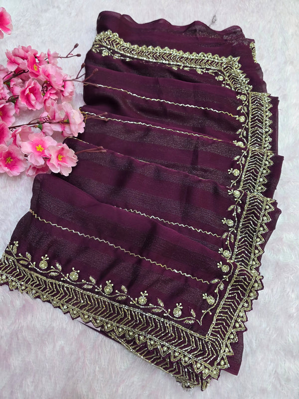 525003 Fancy Party Wear Saree with Heavy Handwork On Border and Designer Heavy Blouse - Purple