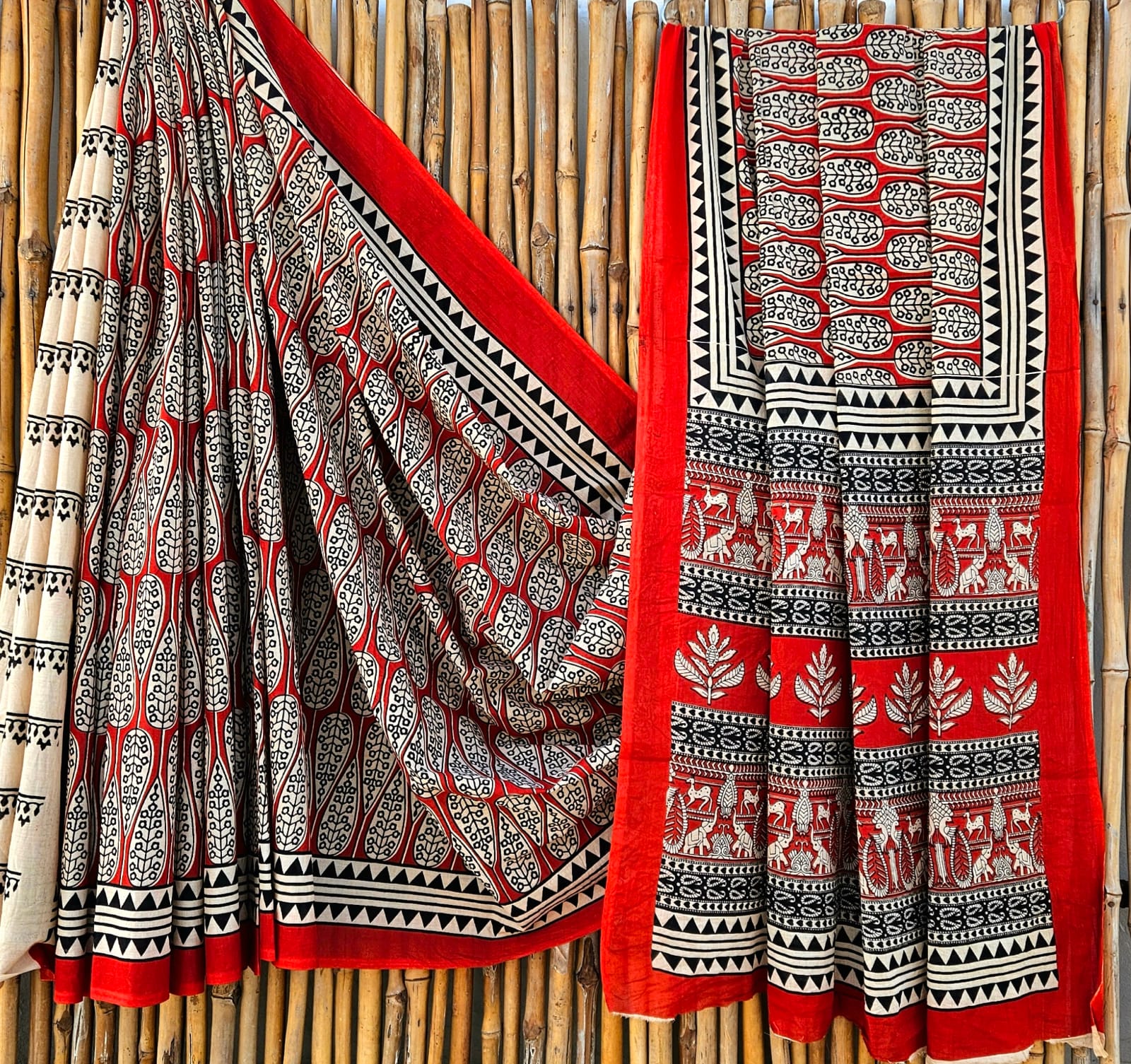 100006 Rajasthani Traditional Pure Malmal Cotton Hand block Printed Red Saree