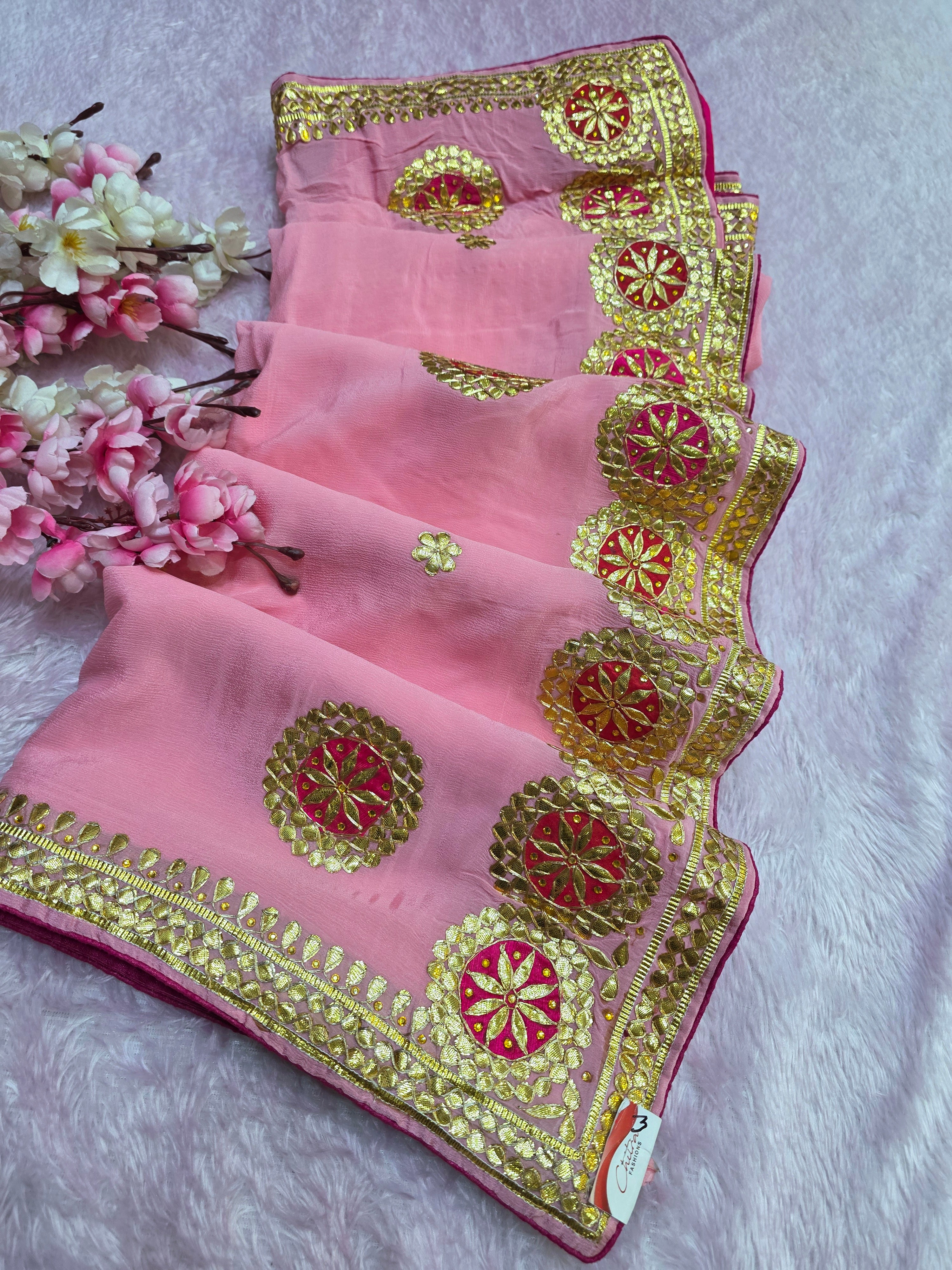 505008 Beautiful Rajasthani Gotapatti Work Pure Chinon Silk Saree