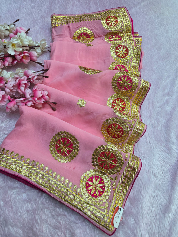 505008 Beautiful Rajasthani Gotapatti Work Pure Chinon Silk Saree