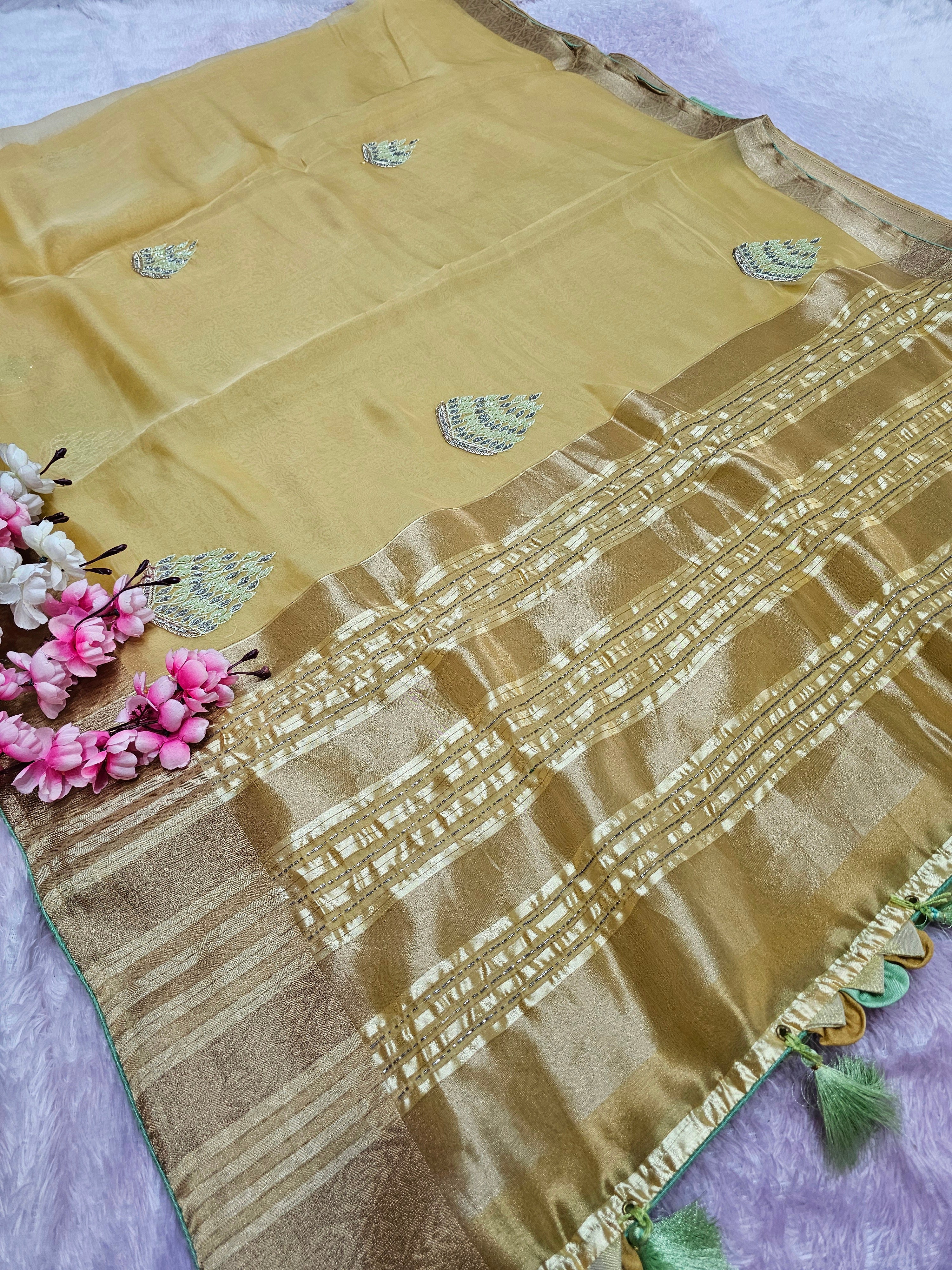 8585 Designer Organza Fabric Saree with Hand Cutdana Work - Yellow