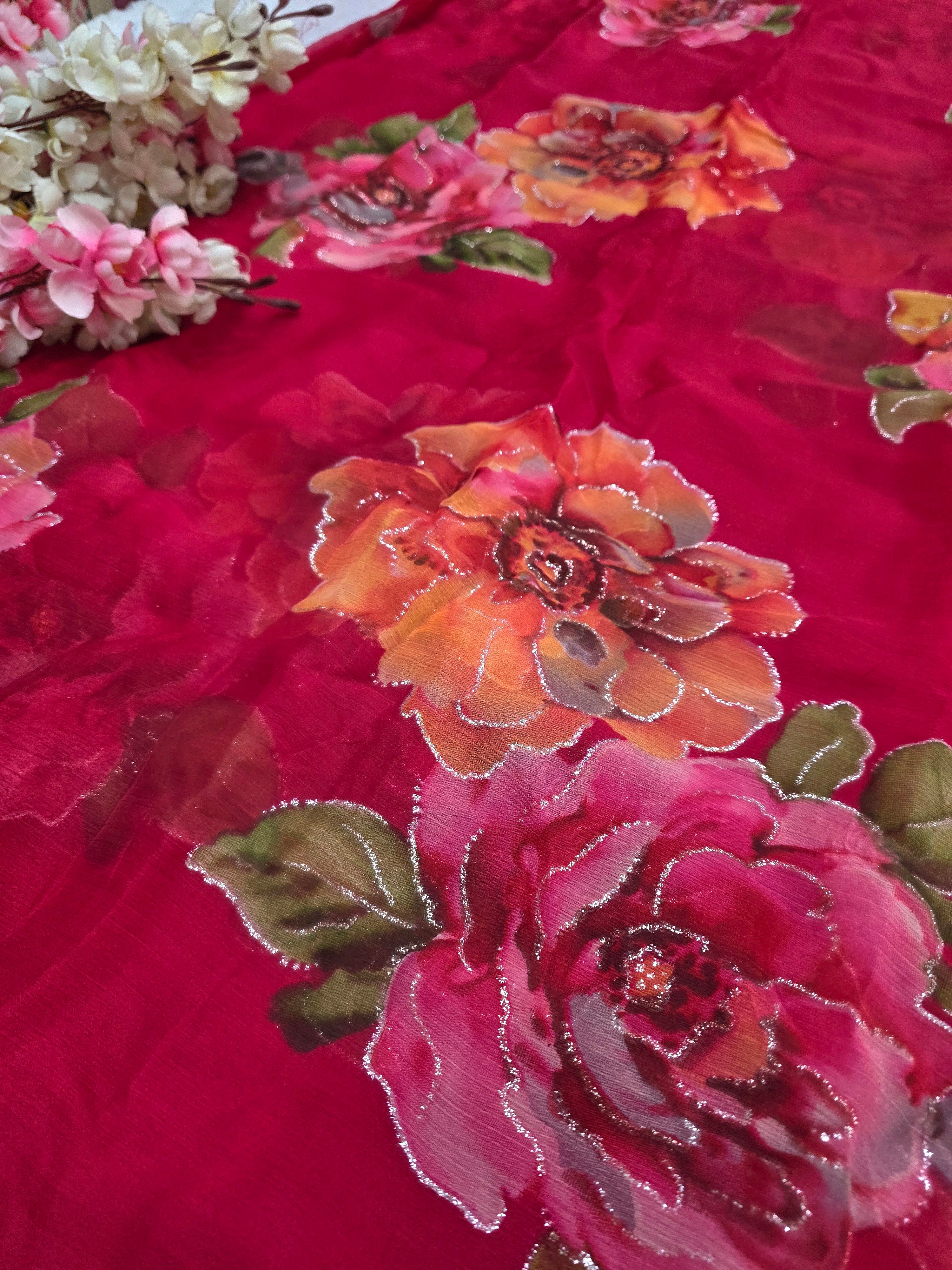 991004 Lightweight Elegant Semi Chiffon Flower Print Saree with Zari Print - Rani