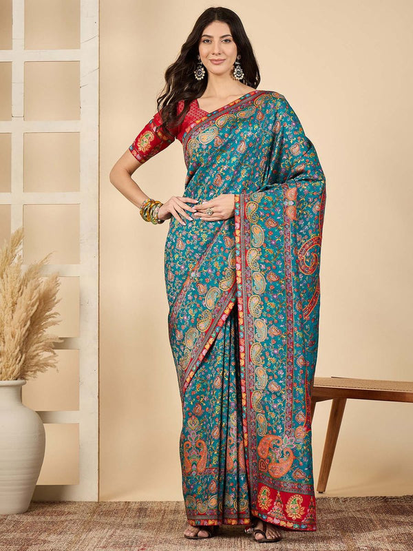 931001 Royal Kashmiri Pashmina Work Pure Soft Dola Silk Saree with Heavy Zari Blouse - Blue