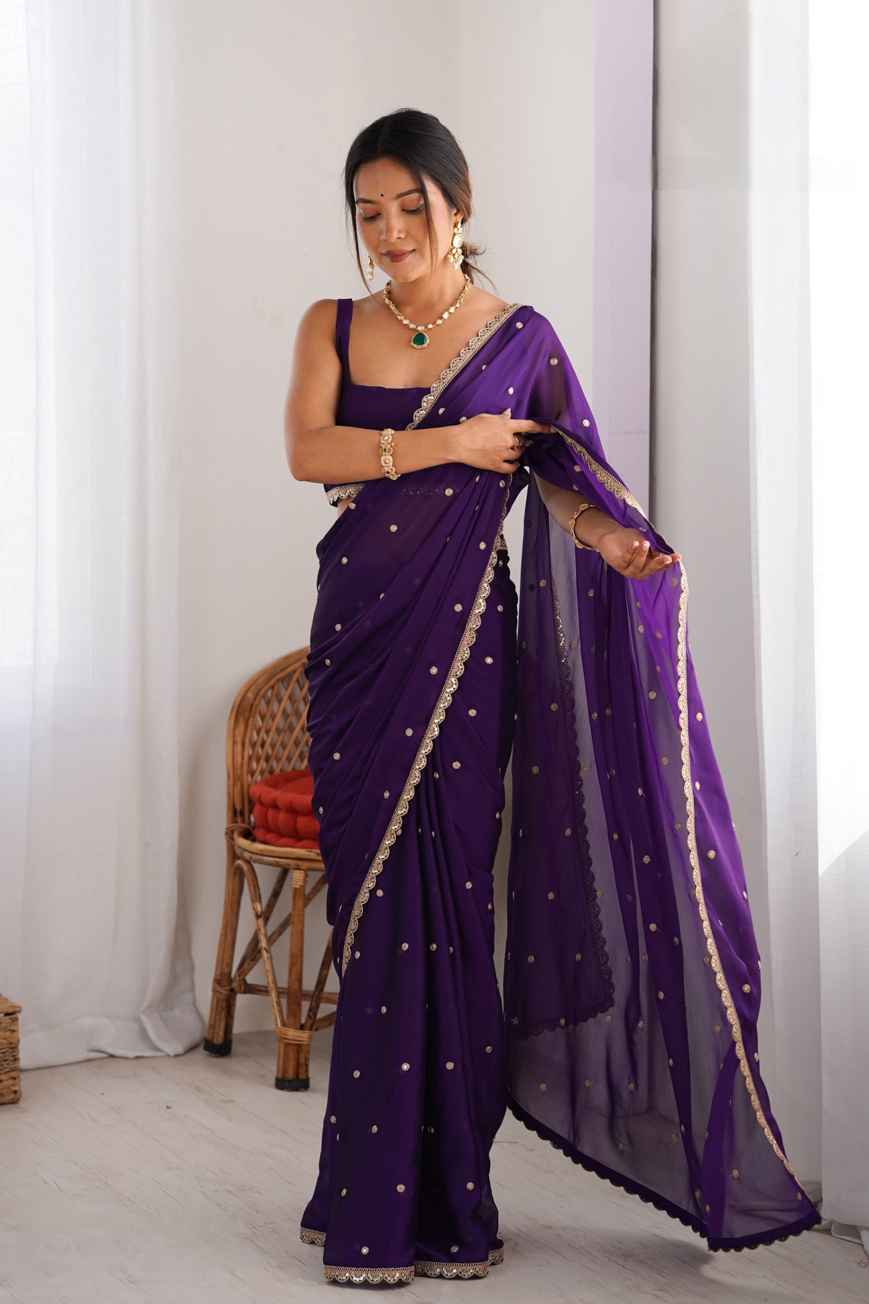 101804 Very Stylish Small Marodi Work Butta with Sequence Work Border Purple Saree
