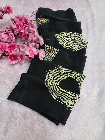 939002 Traditional Ajrakh Print with Shibori Satin Silk Saree - Black