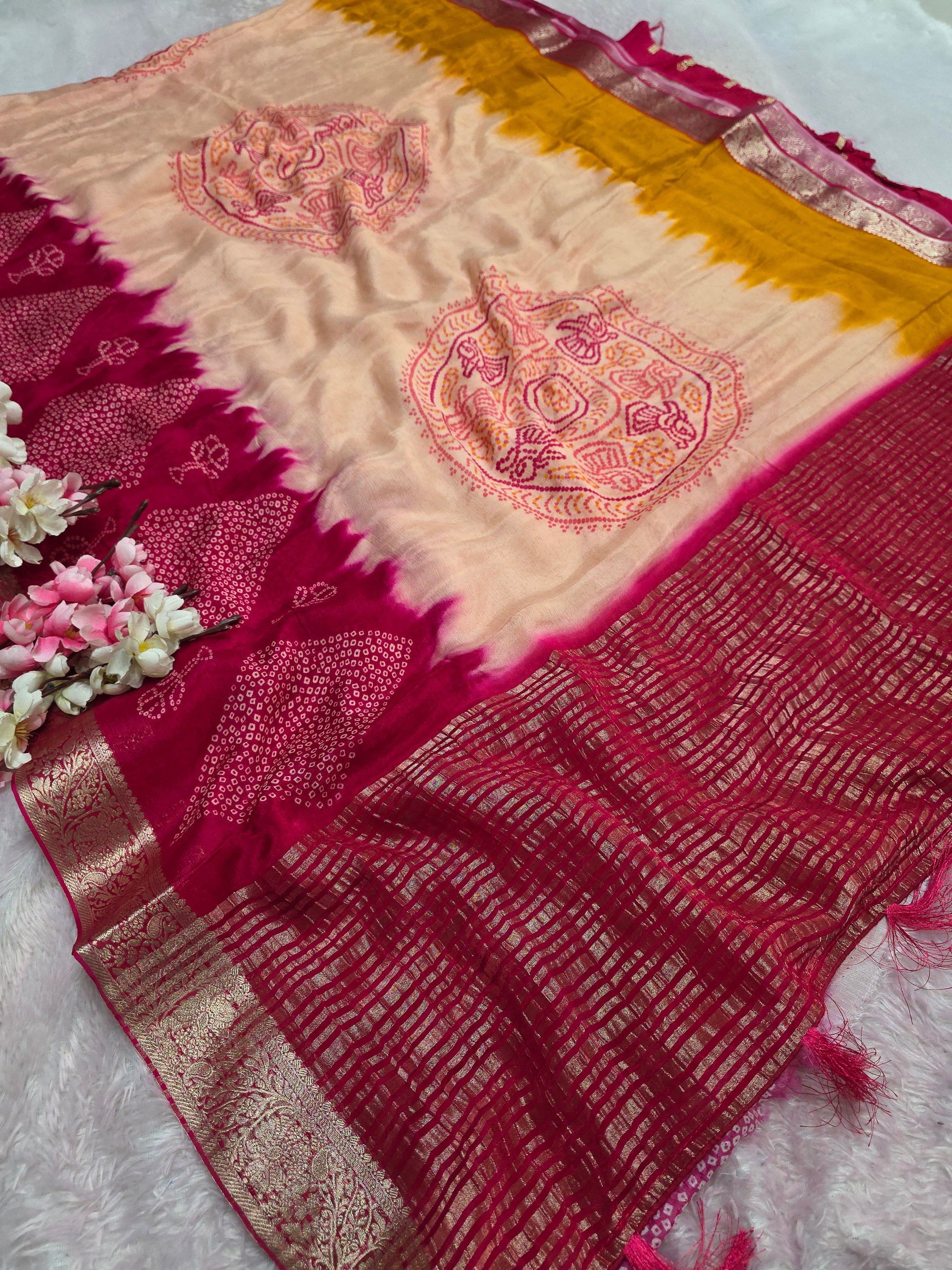 CA0701 Pure Chinon Silk Bandhani Print Saree with Zari Border