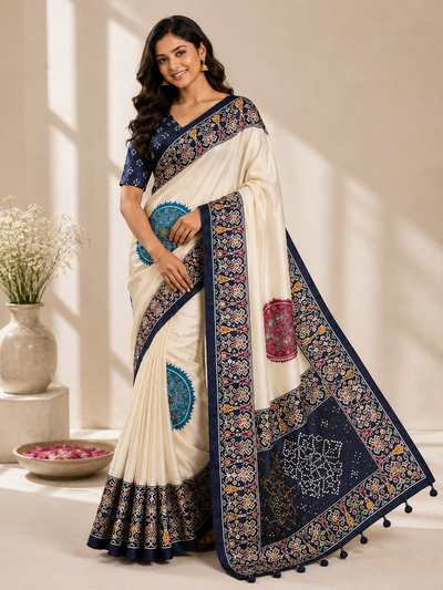 CA0768 Trending Mirror Work Ajrakh Patola Print Semi Modal Silk Saree - Blue