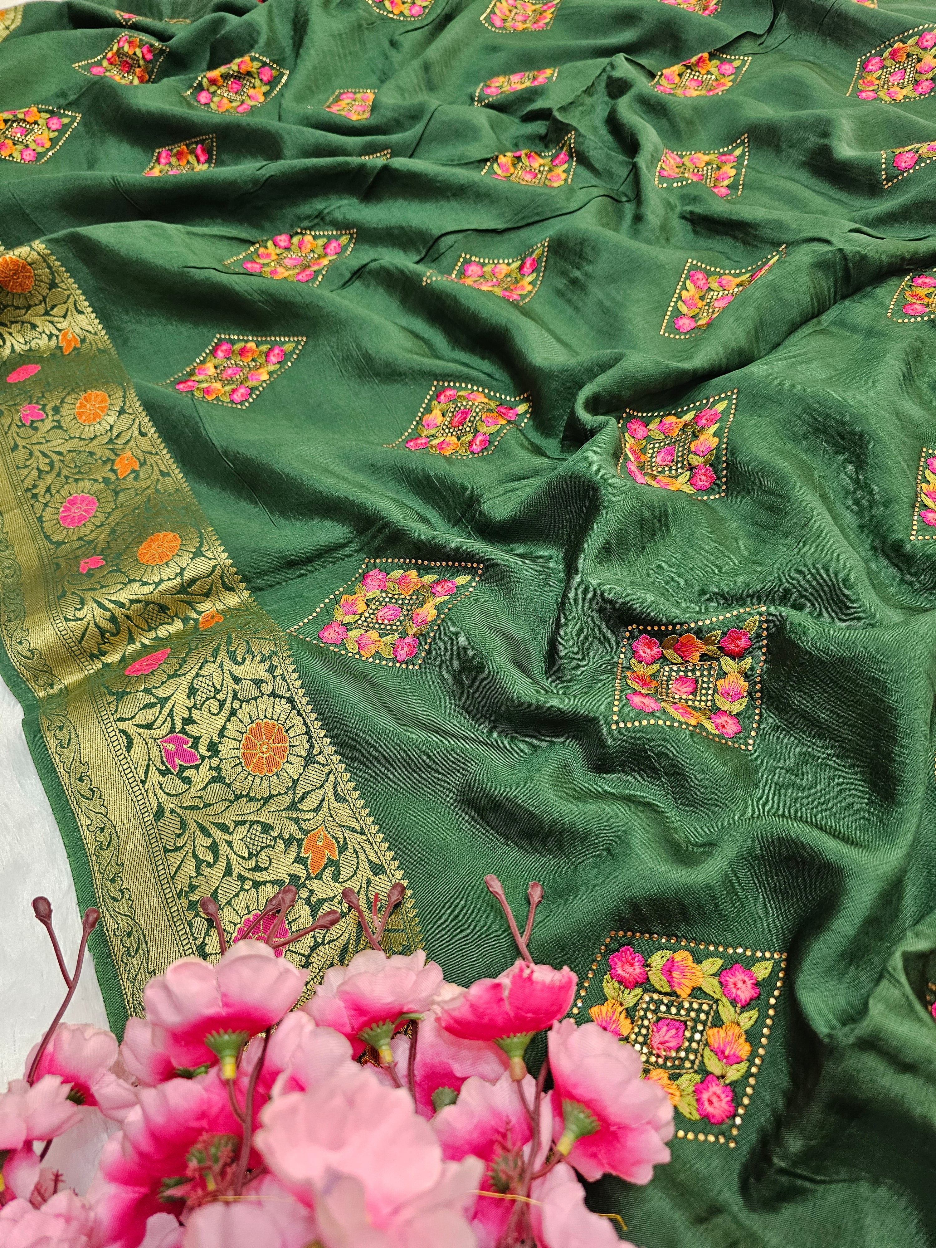 C79008 Stylish Embroidery and Swarovski Handwork Saree With Kanjivaram Style Border