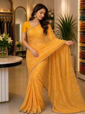 916003 Rajasthani Bandhani with Border - Yellow