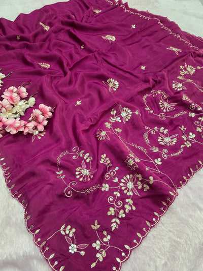 12455 Designer Pure Upada Silk Traditional Rajasthani Saree with Gota Patti Work - Wine