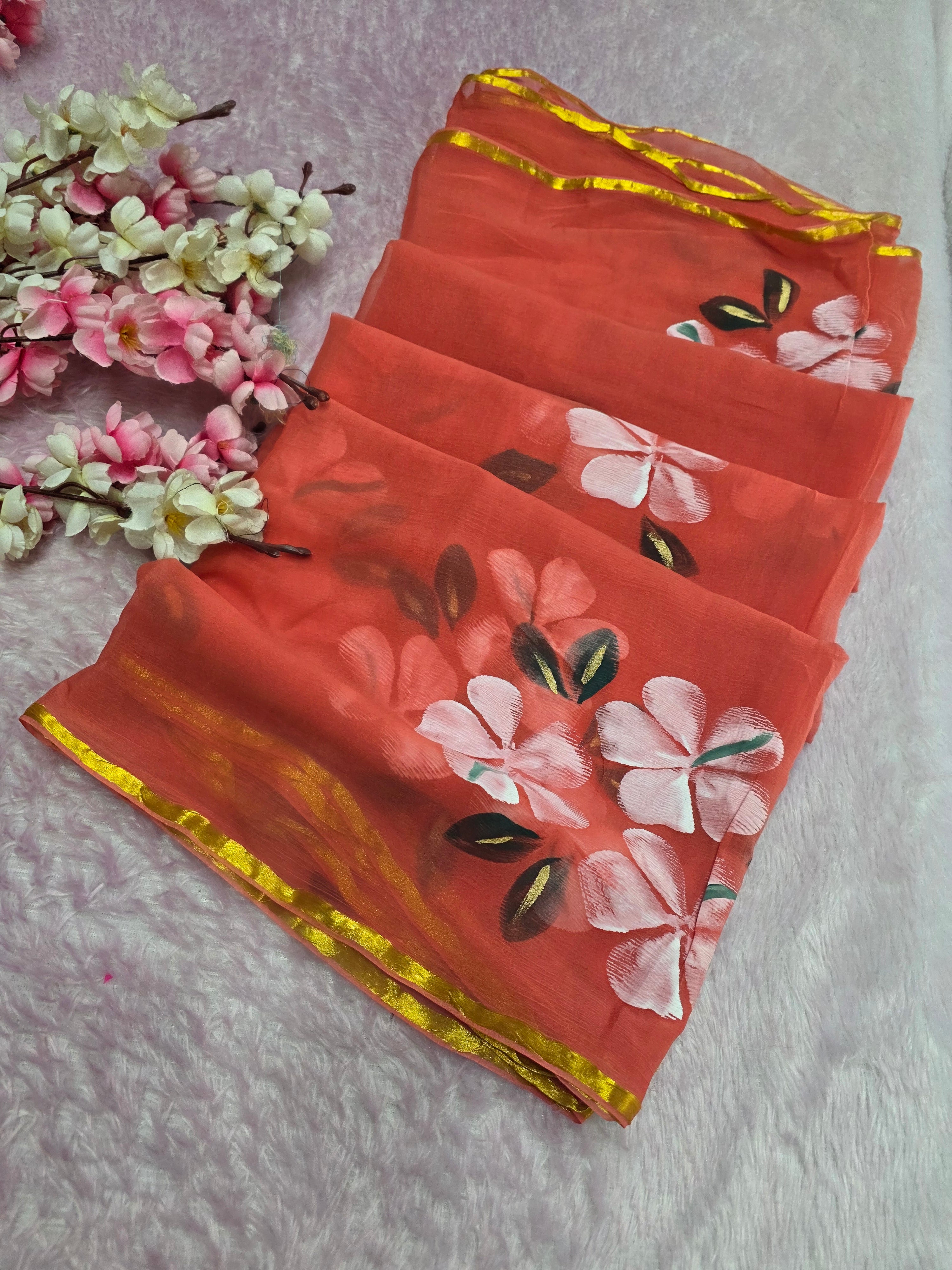 103402 Pure Rajasthani Diamond Chiffon Saree with Hand Painted Flower Print and Zari Weaving in full Saree