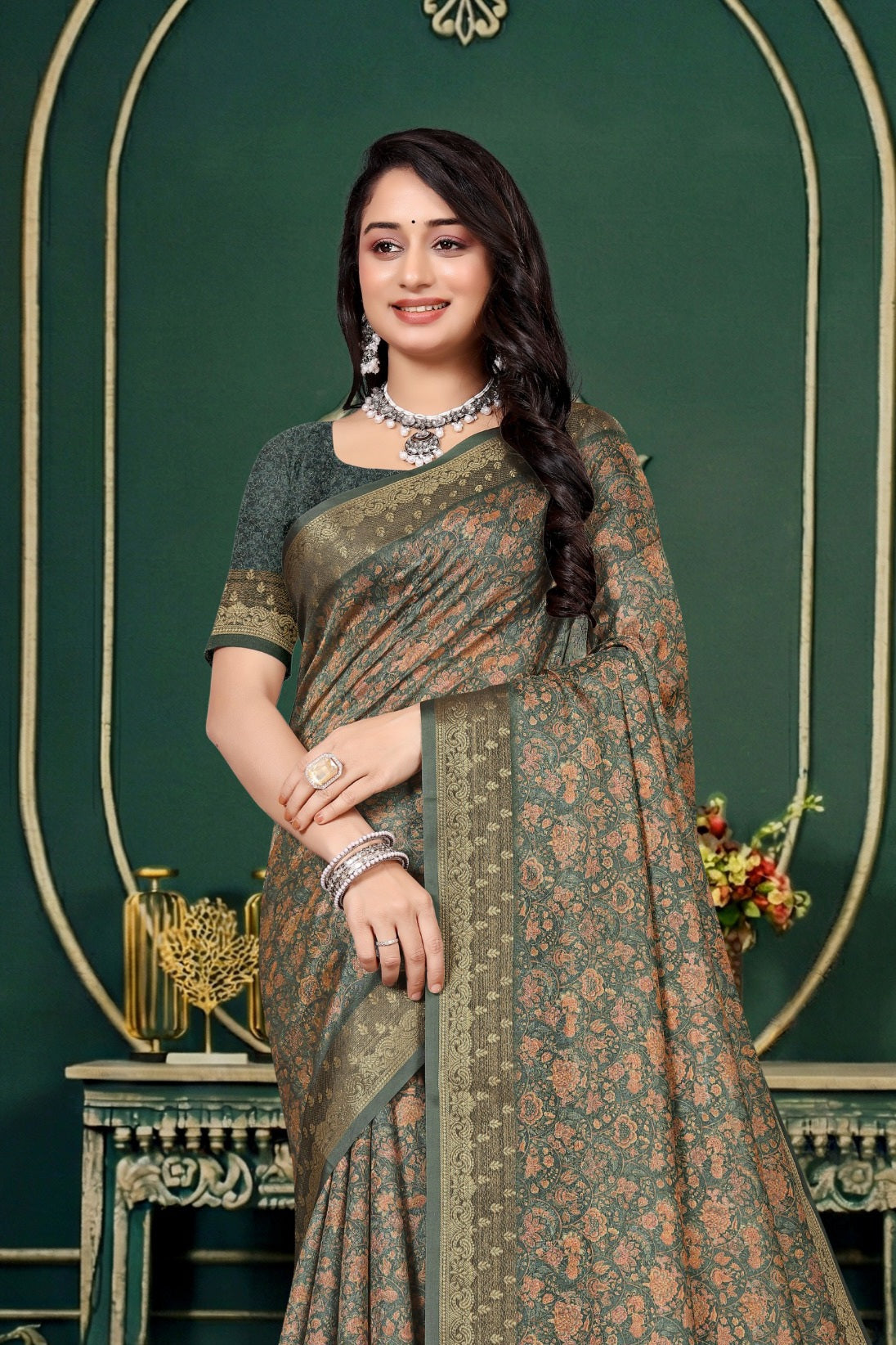 102207 Designer Soft Dola Silk Flower Printed Saree with Zari Weaving Border