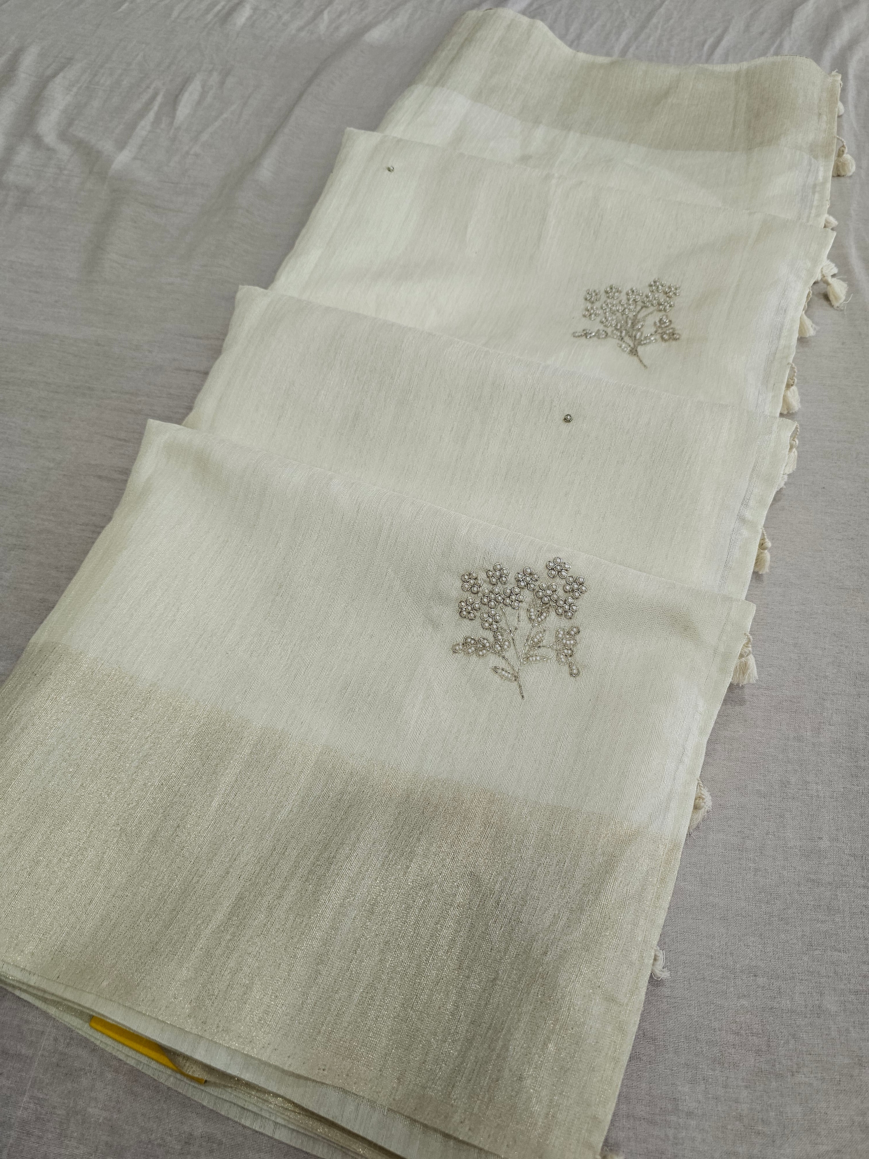783004 Linen Silk Designs Off White Saree With Pearl And Cutdana Work 1191