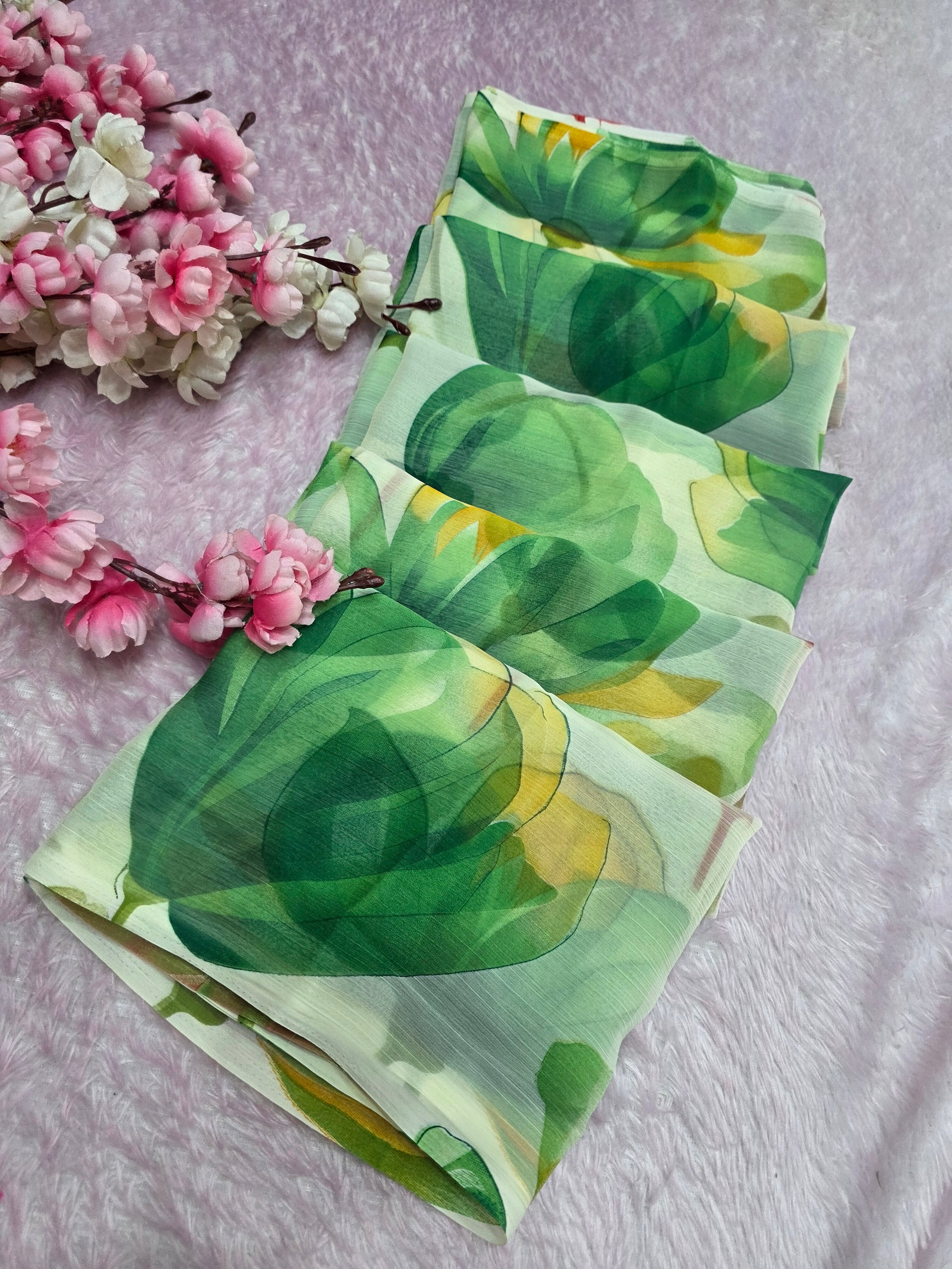103905 Lightweight Elegant Semi Chiffon Flower Print Saree - Green