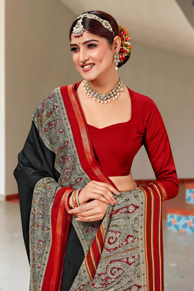 920002 Very Soft and Premium Looking Cotton Saree with Zari Border - Black
